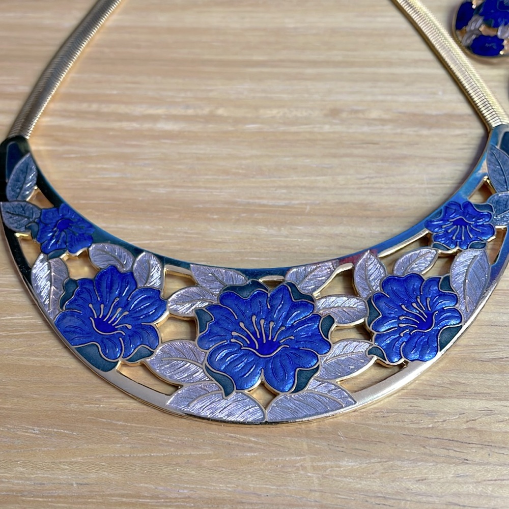 Vintage Fish and Crown Cloisonné Necklace and Earring Set 16 +2 inch